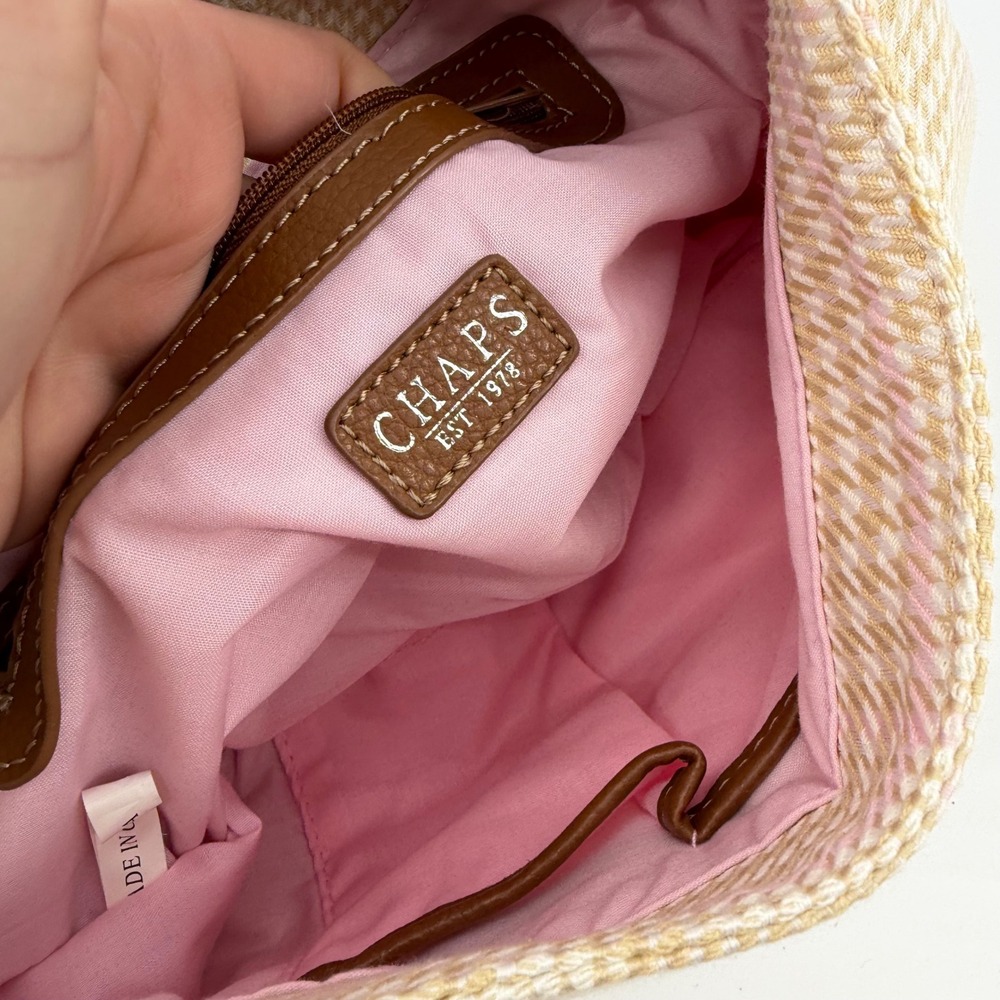 Y2K Satchel Houndstooth Crossbody Bag Brown Trim Pink Lining Adjustable Strap - Picture 3 of 8
